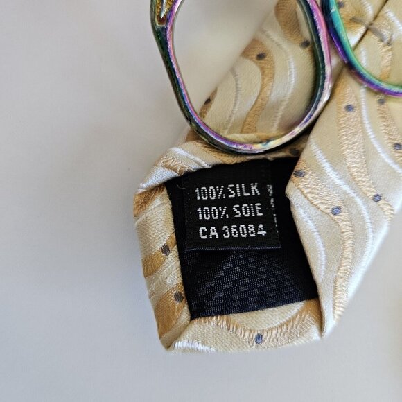 Sazzari Tie Gold White Waves Embroidery Grey Dots 100% SIlk L 56.5 in W 3.75 in - Picture 5 of 13